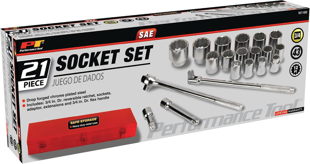 Performance Tool W1180 SAE 3/4-Inch Drive Socket Set, 21-Piece
