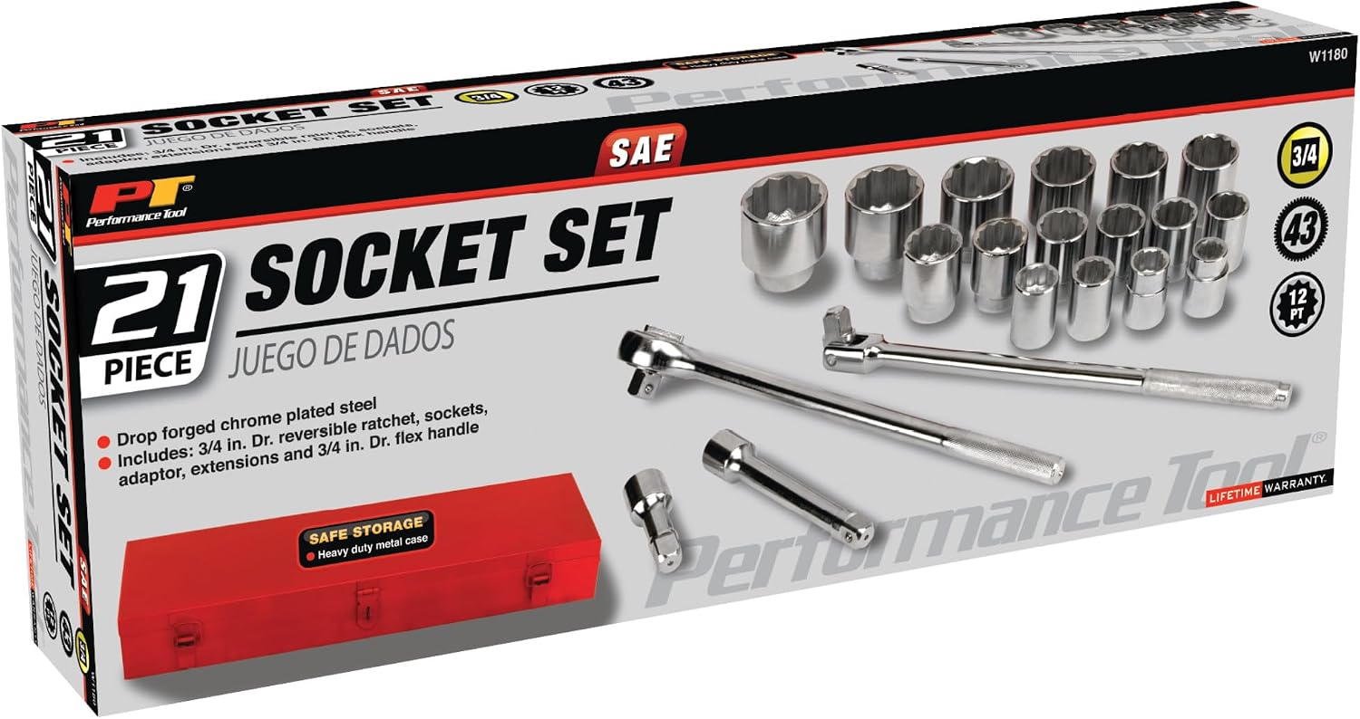 Performance Tool W1180 SAE 3/4-Inch Drive Socket Set, 21-Piece