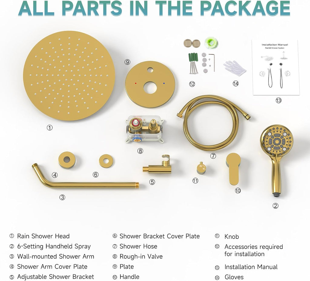 SR SUN RISE Shower Faucet - Multifunctional High Pressure Shower Head System with Handheld Shower Head Fixtures - Valve Included (Brushed Gold, 12 inch)