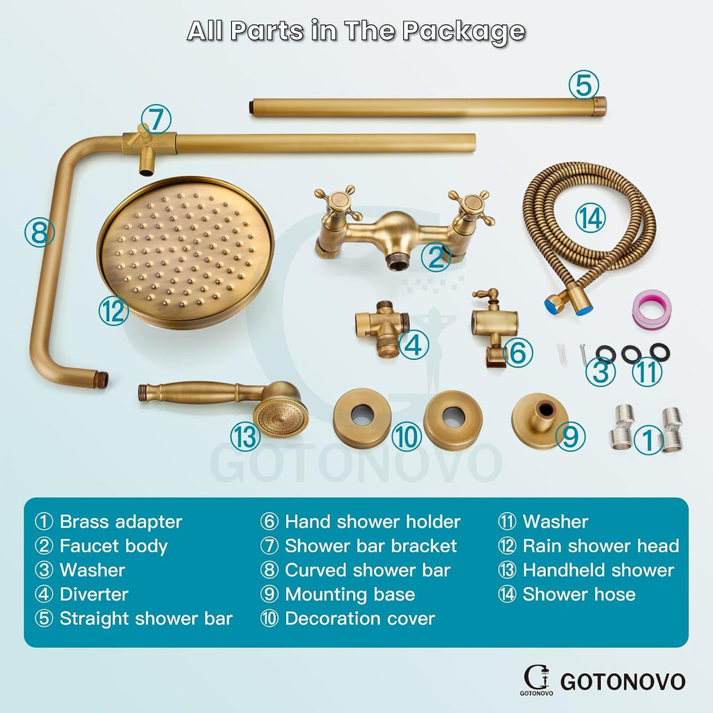 gotonovo Bathroom Exposed Shower Fixtures 8 Inch Rain Showerhead Double Cross Handles 2 Function Wall Mount Shower Faucet Set, Brass Handheld Spray, Antique Brass