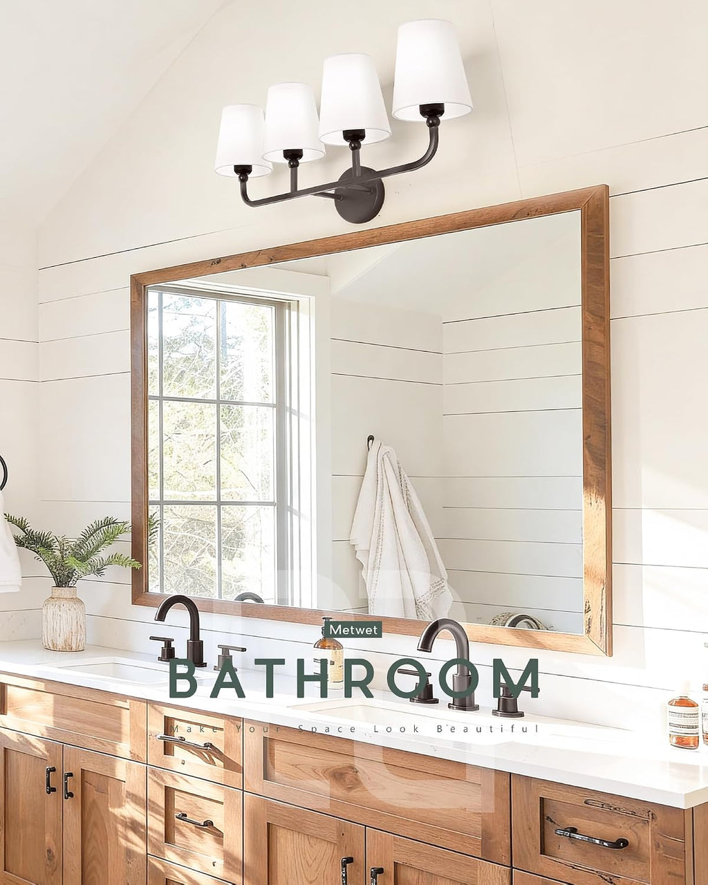 Bathroom Light Fixtures, 4 Light Oil Rubbed Bronze Vanity Lights with Flared White Fabric Shade, 28 Inch Wall Sconce, Vintage Sconces Wall Lighting for Hallway Bedroom, VL837-ORB-4