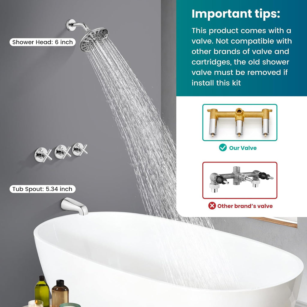 gotonovo 3 Handle Tub Shower Faucet Set, Tub and Shower Faucet Combo,Bathtub Faucet Set with 6 Settings Shower Head and Waterfall Tub Spout, Tub and Shower Trim Kit, Tub Shower Fixture Polished Chrome
