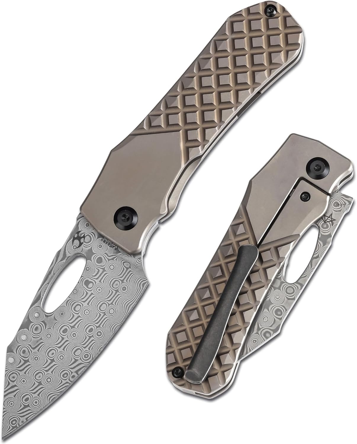 KANSEPT Loki Pocket Folding Knives for Men EDC Camping Folding Knife 2.99'' Damascus Blade Material Pocke Knife with Bronzed Anodized Titanium with Frag Pattern Handle Everyday Carry K1058B5