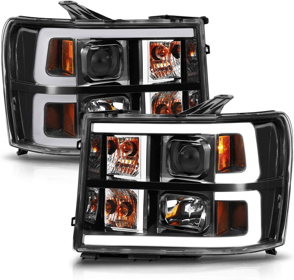AmeriLite for 2007-2014 GMC Sierra 1500 2500 3500 Dual C-Type LED Tube Square Projector Black Replacement Headlight Pair - Passenger and Driver Side