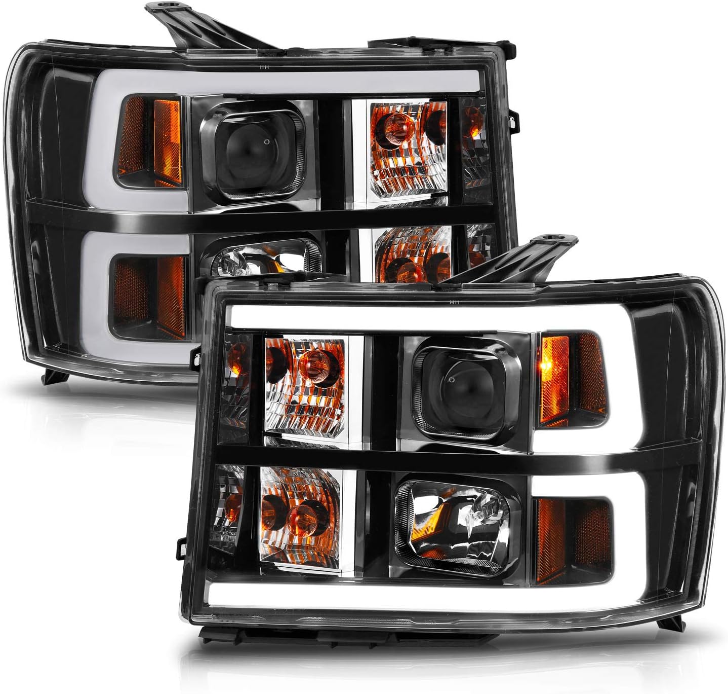 AmeriLite for 2007-2014 GMC Sierra 1500 2500 3500 Dual C-Type LED Tube Square Projector Black Replacement Headlight Pair - Passenger and Driver Side