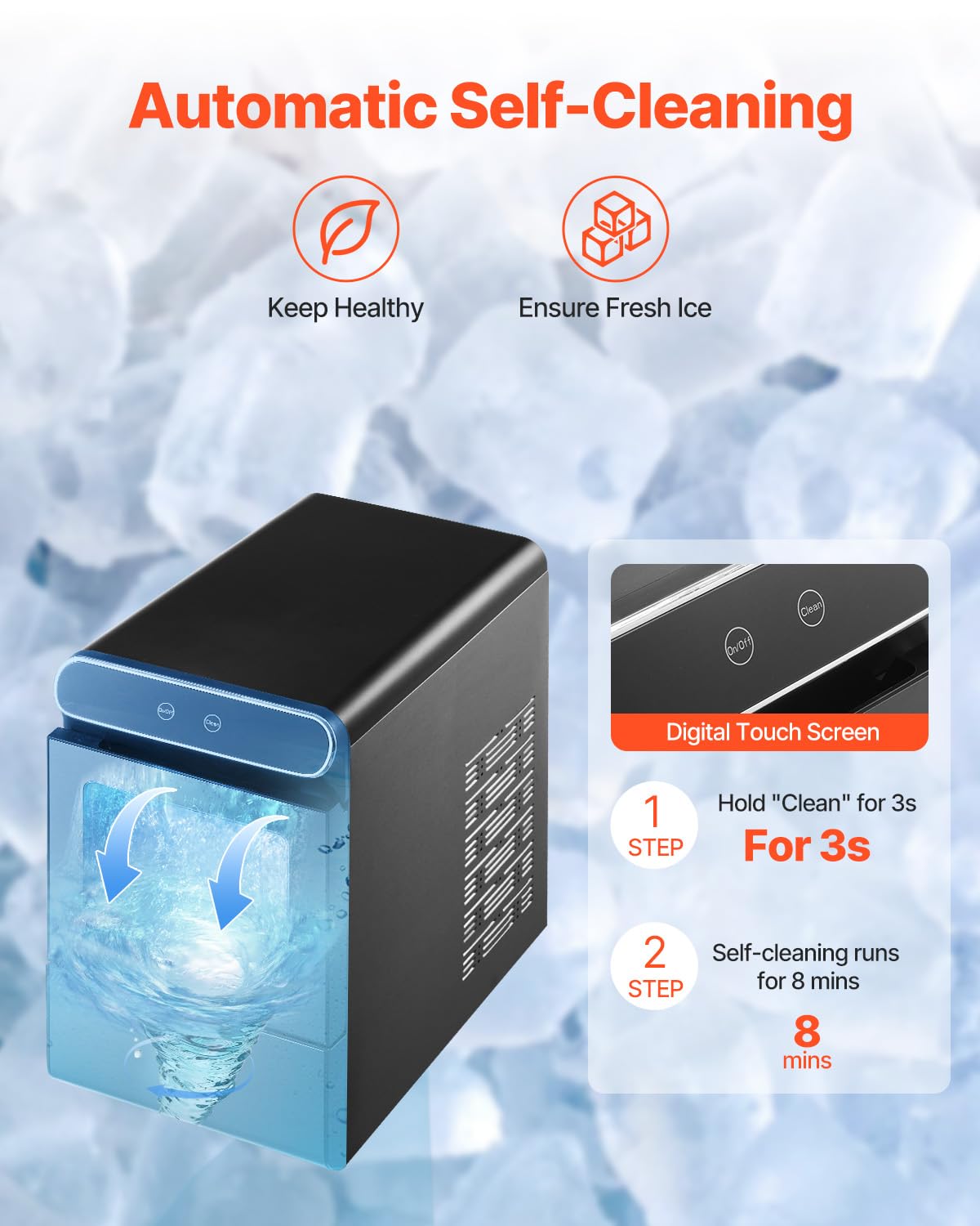 VEVOR Nugget Ice Maker, 37lbs/24H, with Self Cleaning, with Ice Scoop and Basket, Stainless Steel Ice Machine with Convenient Ice Transfer for Home Kitchen Office Black