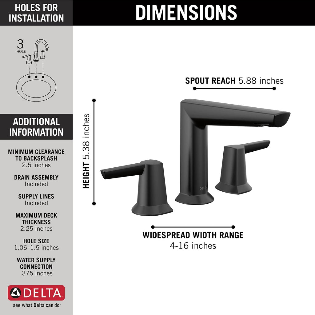 Delta Faucet Galeon Matte Black 3-Hole Deck Mounted Widespread Bathroom Faucet with Diamond Seal Technology, Metal Drain Assembly, ADA Compliant, Watersense Labeled, 3571-BLMPU-DST