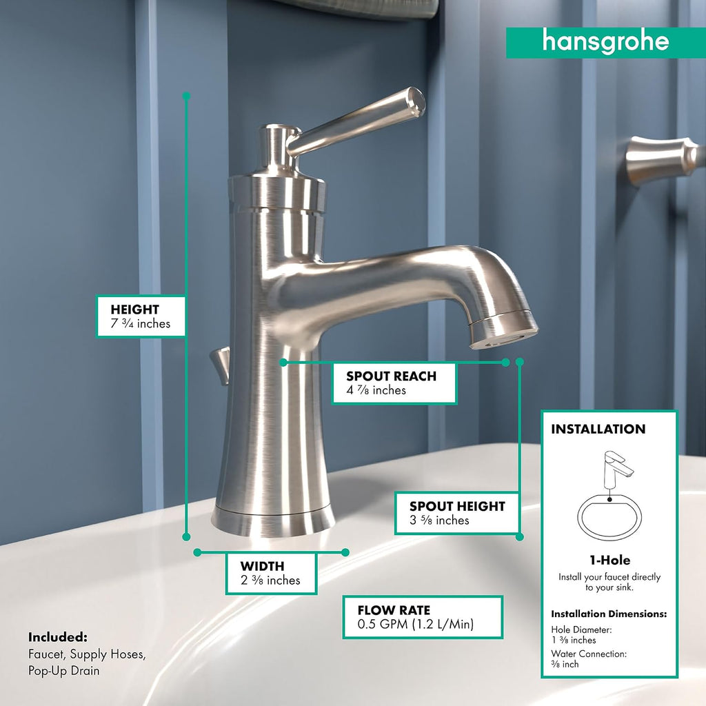 hansgrohe Joleena Transitional 1-Handle 1 8-inch Tall Bathroom Sink Faucet in Brushed Nickel, 04773820