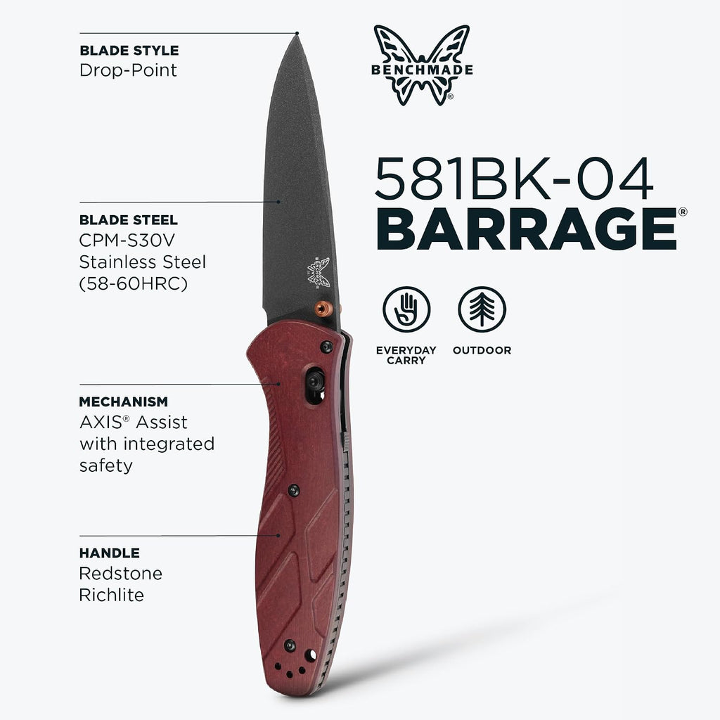 Benchmade - Barrage, Tactical, Every Day Knife, Plain Edge, Drop-Point Blade, Redstone Richlite Handle (581BK-04)