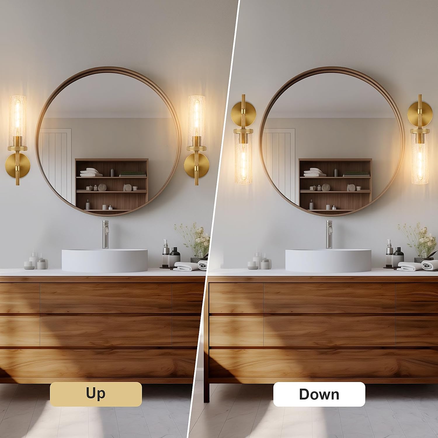15' Knurled Brass Wall Sconce with Crackle Glass Tube, Gold Bathroom Vanity Light Fixtures, Modern Lamp Lighting for Bedroom, Living Room, Hallway, Staircase, Mirror, Kitchen