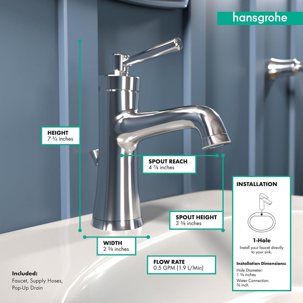 hansgrohe Joleena Transitional 1-Handle 1 8-inch Tall Bathroom Sink Faucet in Chrome, 04773000