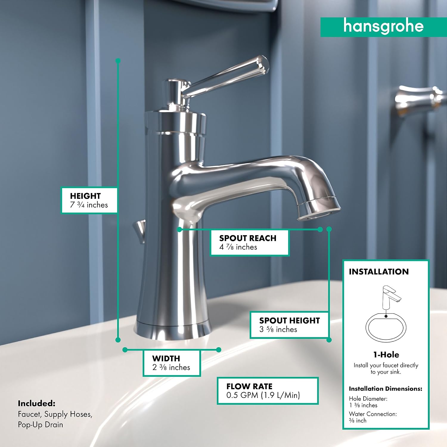 hansgrohe Joleena Transitional 1-Handle 1 8-inch Tall Bathroom Sink Faucet in Chrome, 04773000