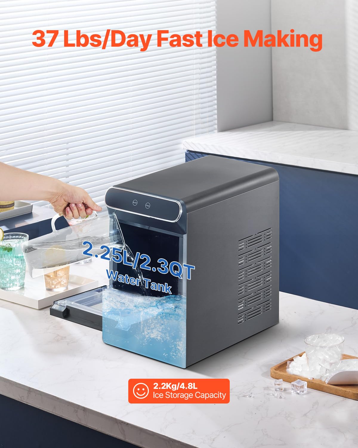 VEVOR Nugget Ice Maker, 37lbs/24H, with Self Cleaning, with Ice Scoop and Basket, Stainless Steel Ice Machine with Convenient Ice Transfer for Home Kitchen Office Black