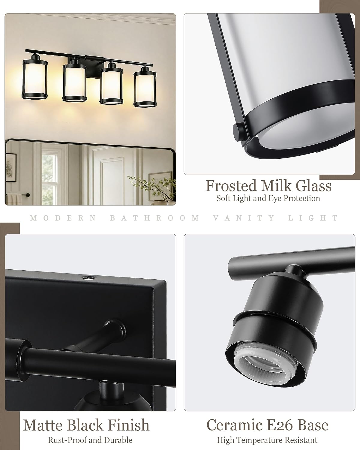 4-Light Black Bathroom Light Fixtures with Milk White Frosted Glass, 29' UL-Listed Modern Wall Sconce Over Mirror with Metal Cage for Bath, Hardwire E26, OS-3014BKW-4W