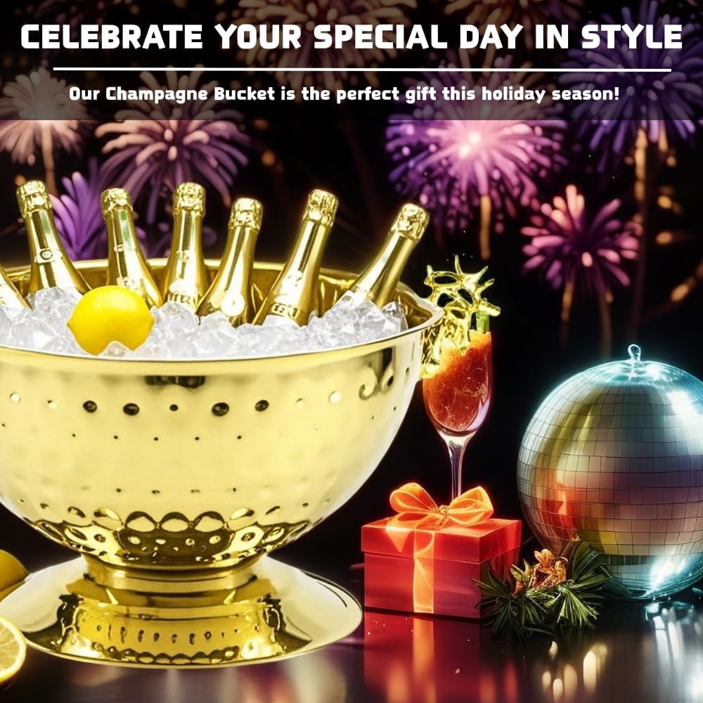 Luxurious Ice Bucket for Parties,Party Sized 12L Drink Cooler for Parties,Gold Stainless Steel Ultimate Champagne Bucket with Antler-Shaped Handle,Large Ice Bucket for Events