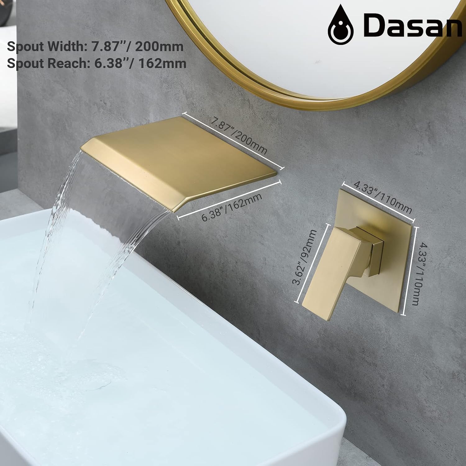 DASAN Wall Mount Waterfall Bathroom Faucet Brushed Gold in Wall Sink Faucet, Single Handle Wall Mounted Modern Faucet for Bathroom with Upgraded Rough in Valve, DA-TFD3BG-NH