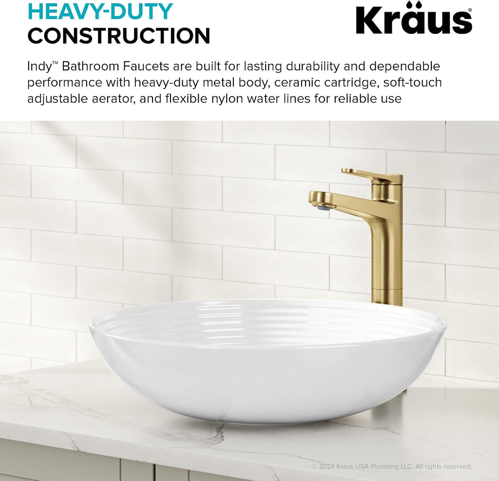 KRAUS Indy Bathroom Faucet for Vessel Sink in Spot-Free Brushed Brass with Single Handle, Pop Up Drain and Supply Lines, KVF-1410SFBB