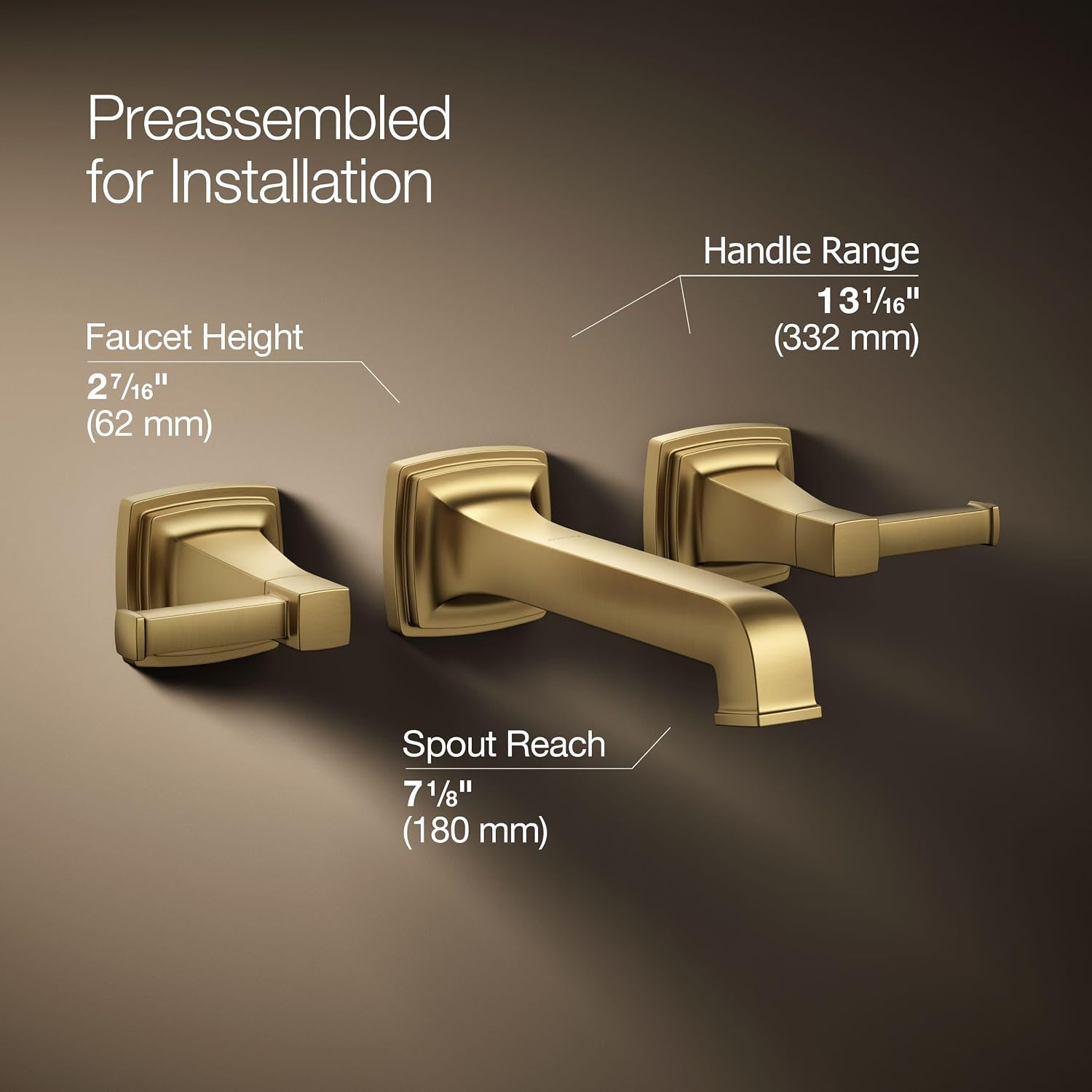 Kohler T26432-4-2MB RIFF® Widespread wall-mount bathroom sink faucet trim, Vibrant Brushed Moderne Brass