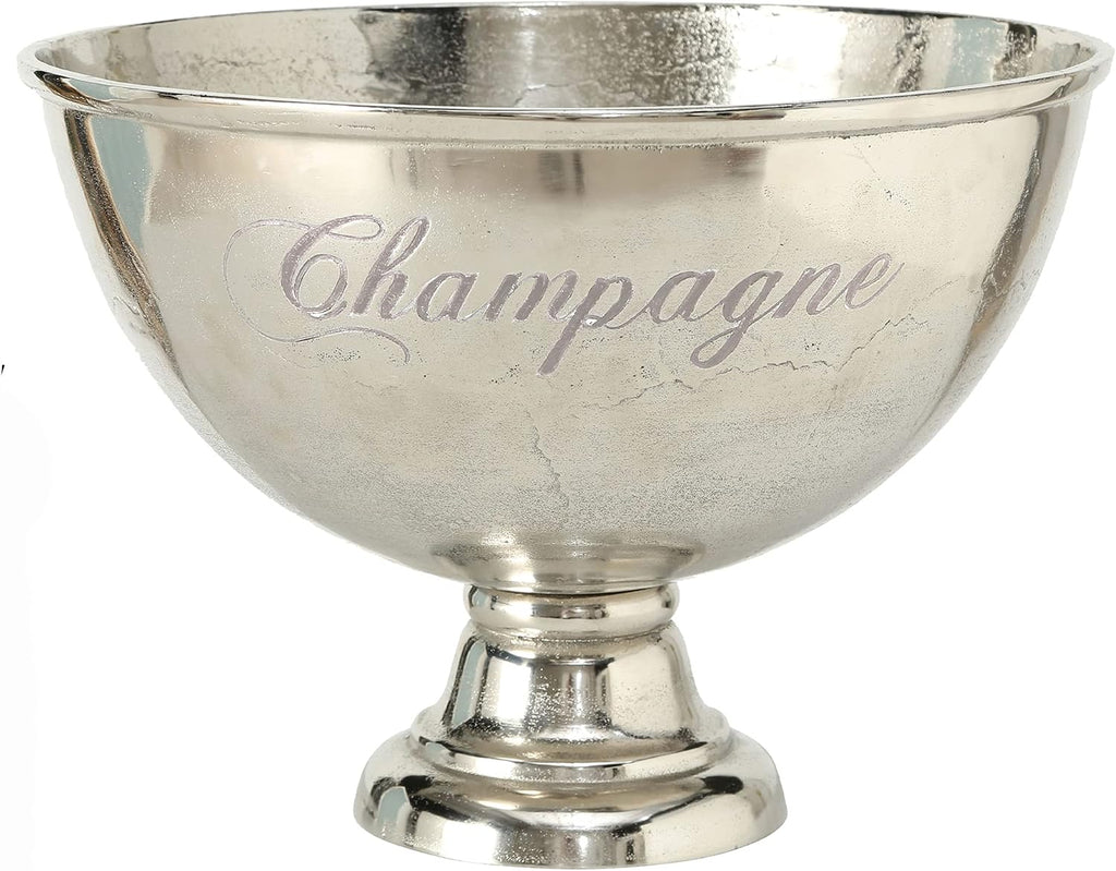 Luxury Champagne Bucket With Old World Panache, Elegant Script Text Details, Hand Cast of Silver Aluminum, Pedestal Base, Party Sized, 18.5 Inches Diameter, 13.5 Inches Tall