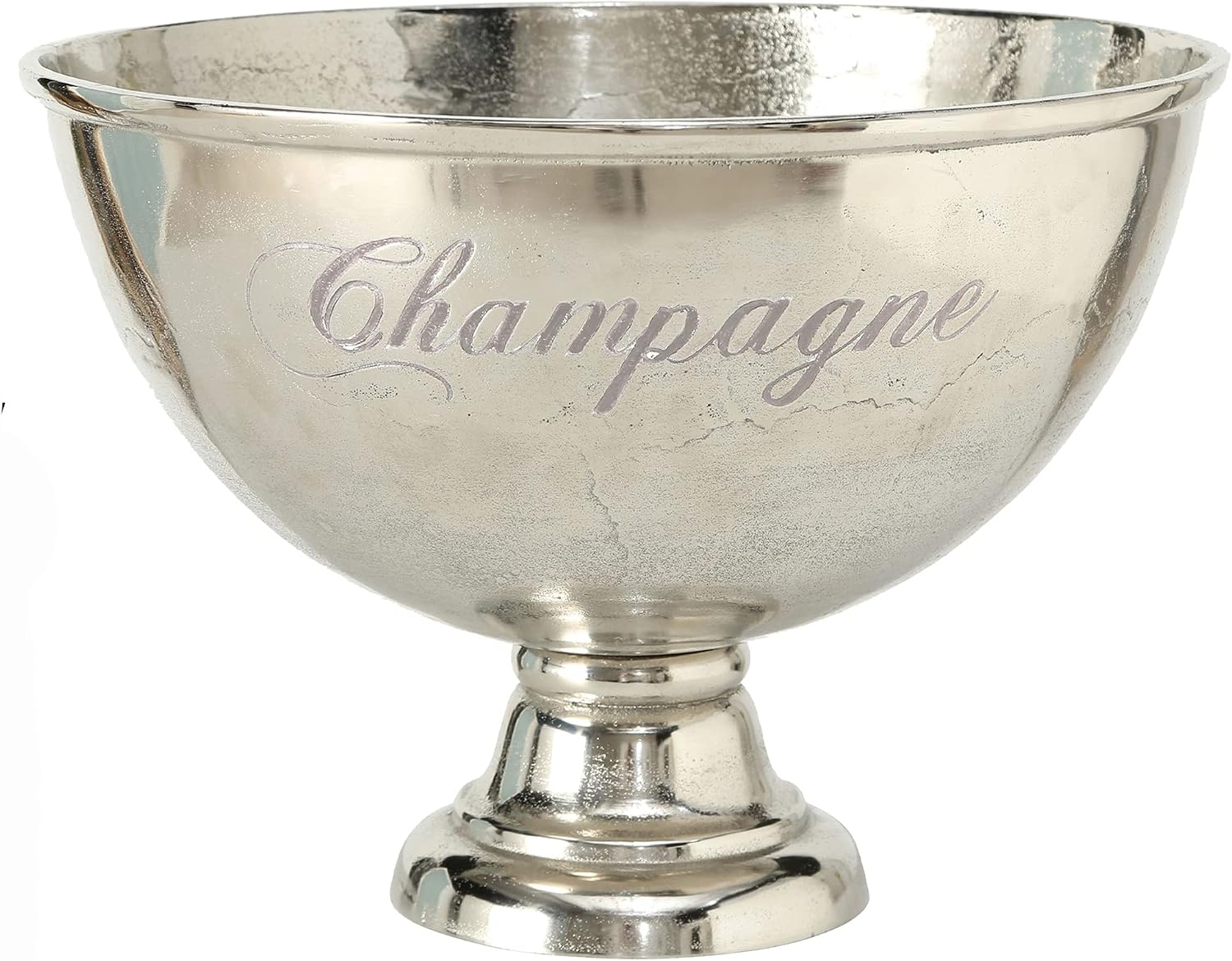 Luxury Champagne Bucket With Old World Panache, Elegant Script Text Details, Hand Cast of Silver Aluminum, Pedestal Base, Party Sized, 18.5 Inches Diameter, 13.5 Inches Tall
