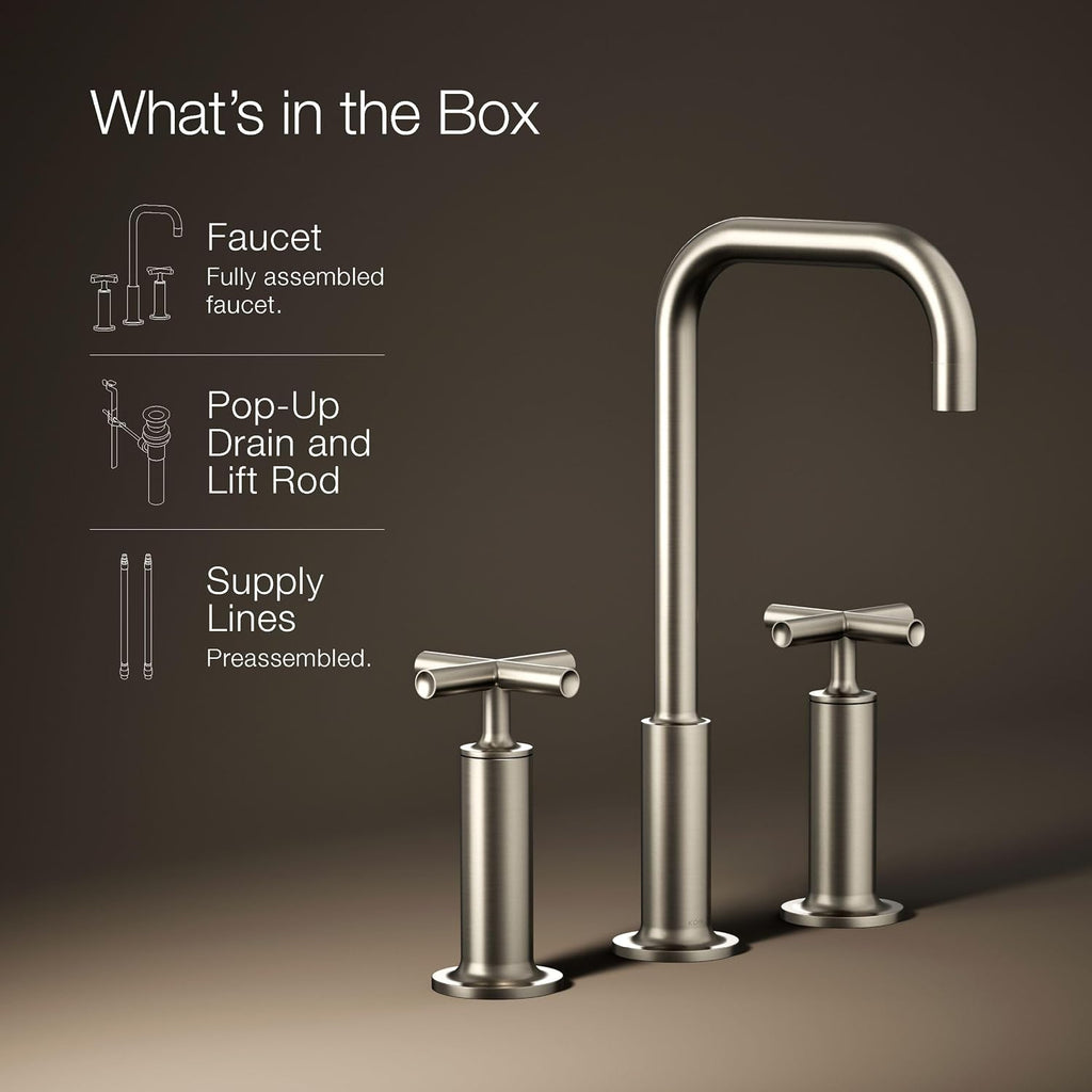 KOHLER K-14408-3-BN Purist® Widespread Bathroom Sink Faucet, 3-Hole, Widespread High Cross Handles and High Gooseneck Spout, 1.2 GPM, Vibrant Brushed Nickel