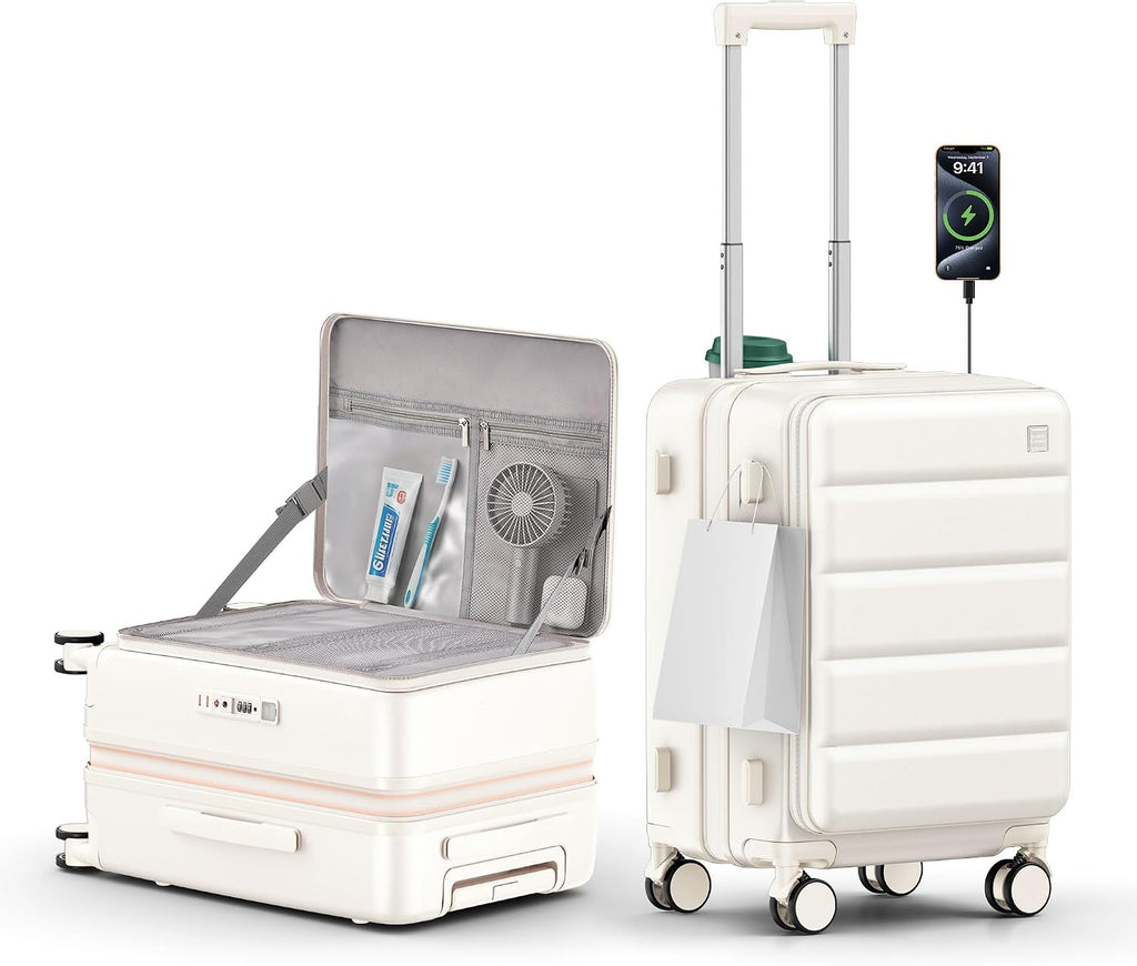Expandable 20Inch Carry On Luggage Airline Approved - Top Opening Hardside Travel Suitcase Unbreakable -with Cup Holder,USB Charge,Side Pothook, 360°Spinner Wheels, TSA Lock-White
