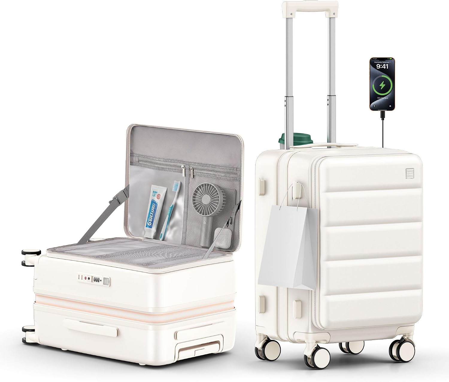 Expandable 20Inch Carry On Luggage Airline Approved - Top Opening Hardside Travel Suitcase Unbreakable -with Cup Holder,USB Charge,Side Pothook, 360°Spinner Wheels, TSA Lock-White