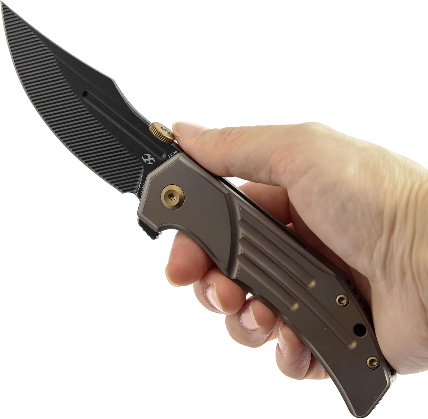 KANSEPT Orion Pocket Knife, 3.07' Blackwash S35VN Blade with Blood Groove and Bronze Anodized Titanium Handle Both Crafted with CNC Milling, Thumb Disk EDC Folding Knives for Camping, Hunting K1089A5