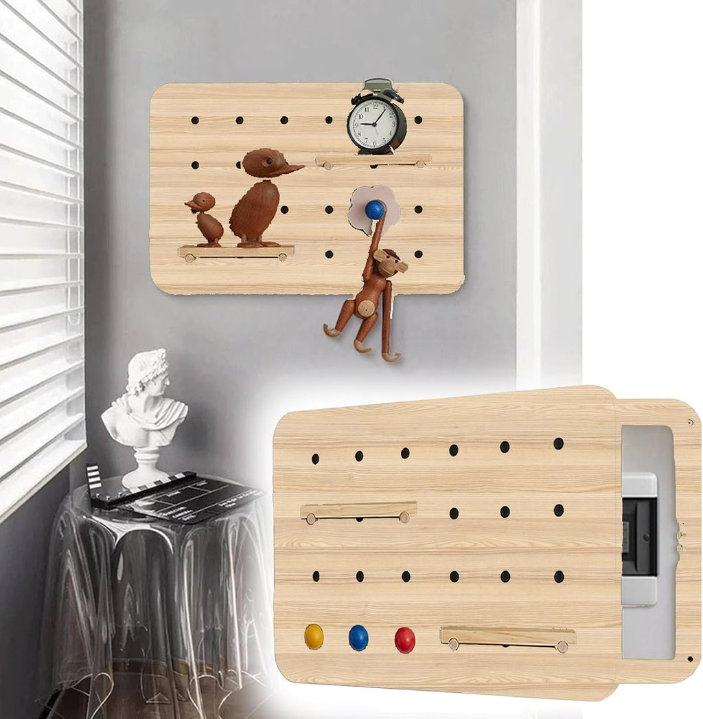 Electrical Panel Cover Indoor Circuit Breaker Box Cover Decorative, 22×15 in Flip-up Electrical Panel Cover Wooden, Pegboard Design Fuse Box Protective Lid(Natural)