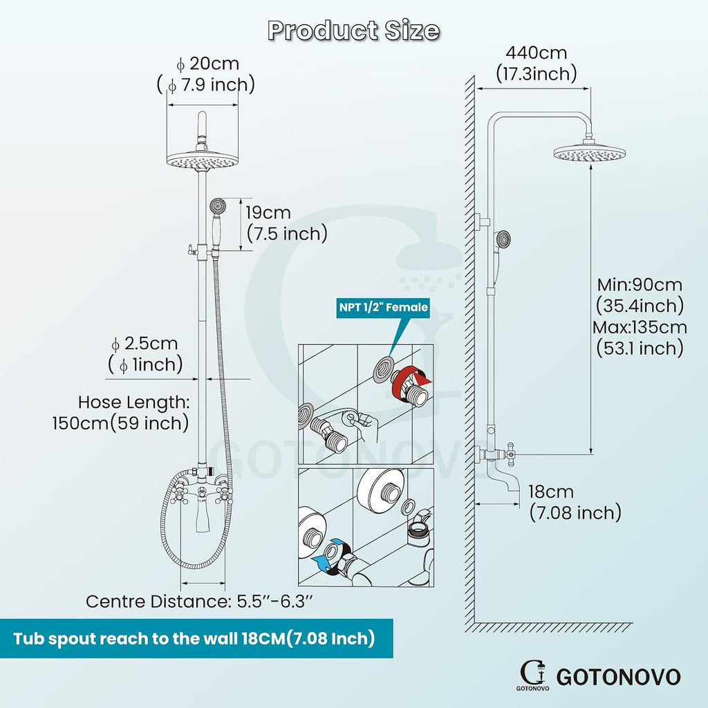 gotonovo Exposed Shower Faucet Set 8 Inch Rainfall Showerhead 3-Function Shower Fixture with Tub Spout 2 Corss Handles Shower System, Brushed Nickel