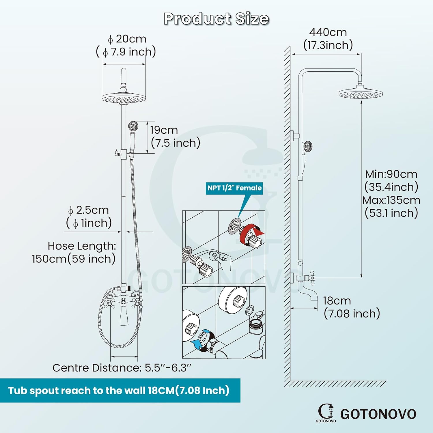 gotonovo Exposed Shower Faucet Set 8 Inch Rainfall Showerhead 3-Function Shower Fixture with Tub Spout 2 Corss Handles Shower System, Brushed Nickel