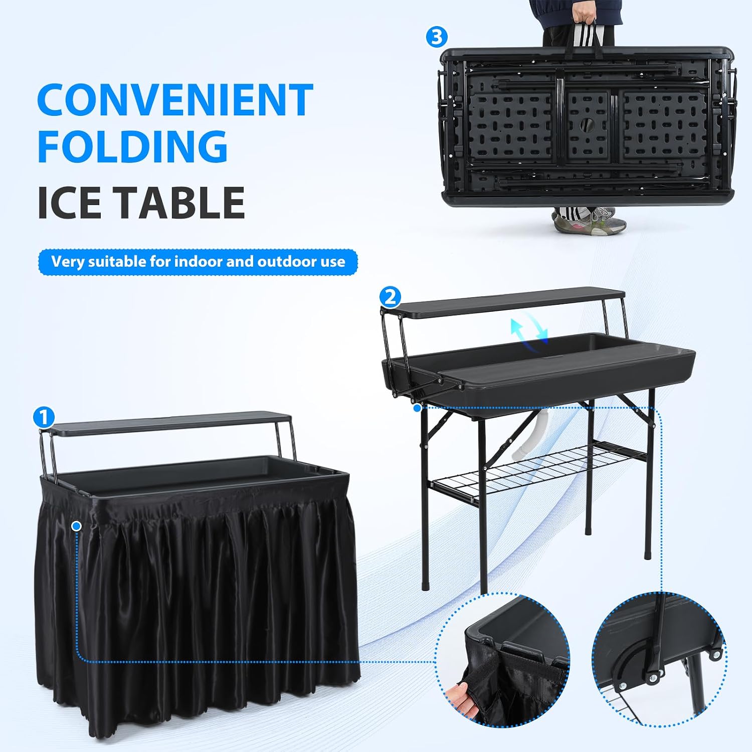 Nice C 4 ft Folding Ice Cooler Table, Party Cooler, Grazing Table with Drain, Bar Cooler Tables, with Matching Skirt, Storage Shelf (Black)