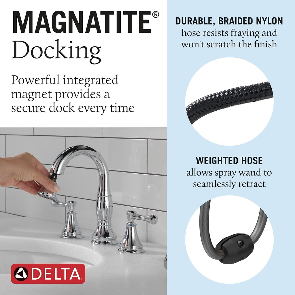Delta Faucet Cassidy Pull Down Bathroom Faucet, Bathroom Pull Out Faucet, Chrome Widespread Bathroom Faucet 3 Hole with Pull Down Sprayer, Bathroom Sink Faucet Magnetic Docking, Chrome 3597-PD-DST