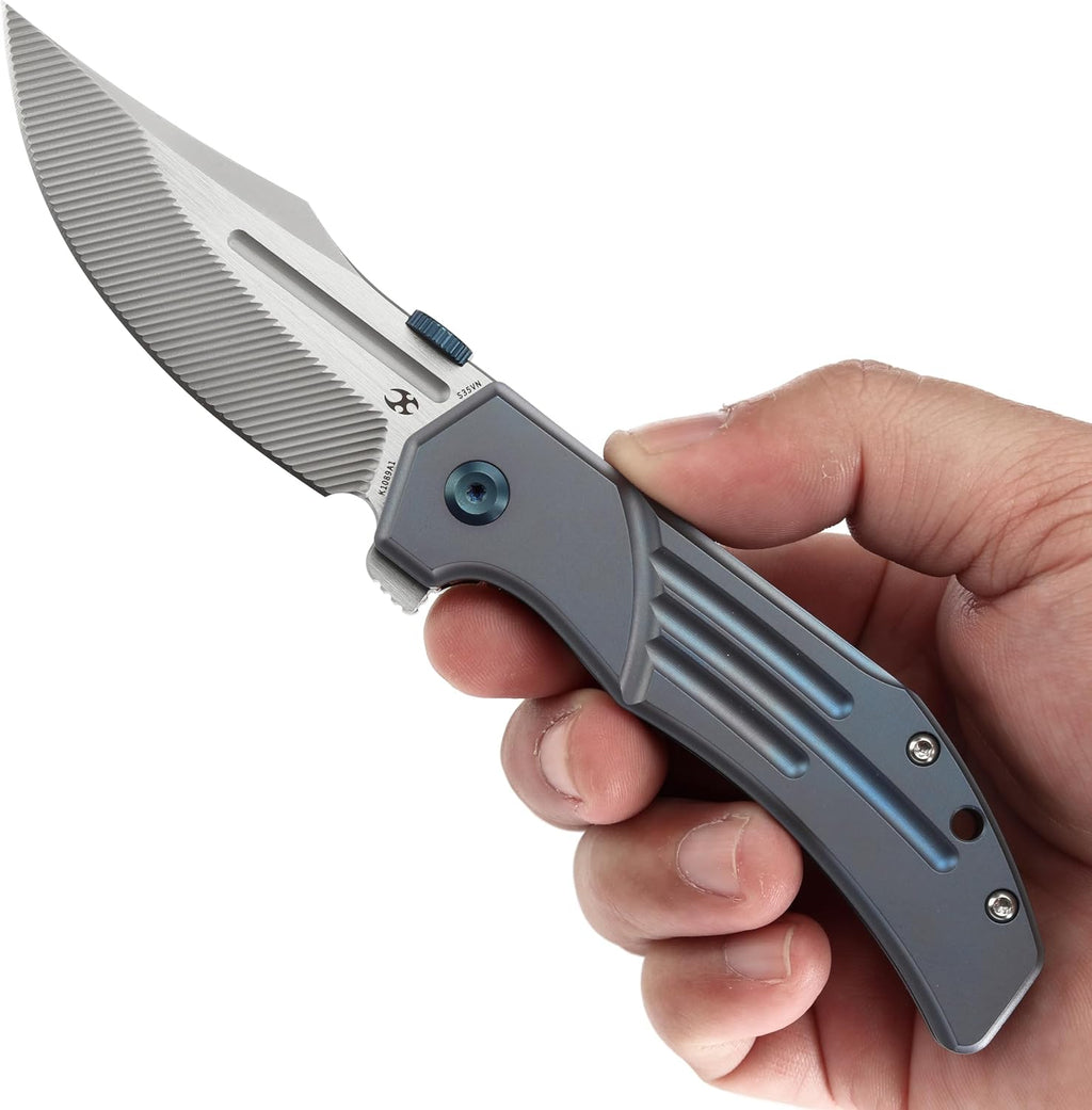 KANSEPT Orion Pocket Knife, 3.07'' CPM S35VN with CNC Milling Blade with Blood Groove, Blue Anodized Titanium Handle and Flipper or Thumb Disk, for Men Camping Survival Hunting Folding Knives K1089A1