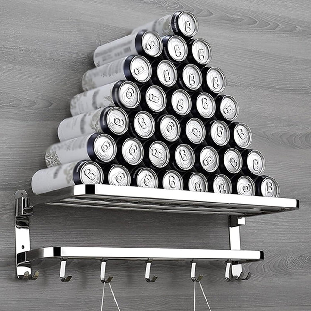 TOMYEUS Shower Caddy Bathroom Shelf Bathroom Towel Shelf with Foldable Towel Bar Holder and Towel Hooks Wall Mounted Multifunctional Double Towel Bars Brushed Nickel Shower Organizer