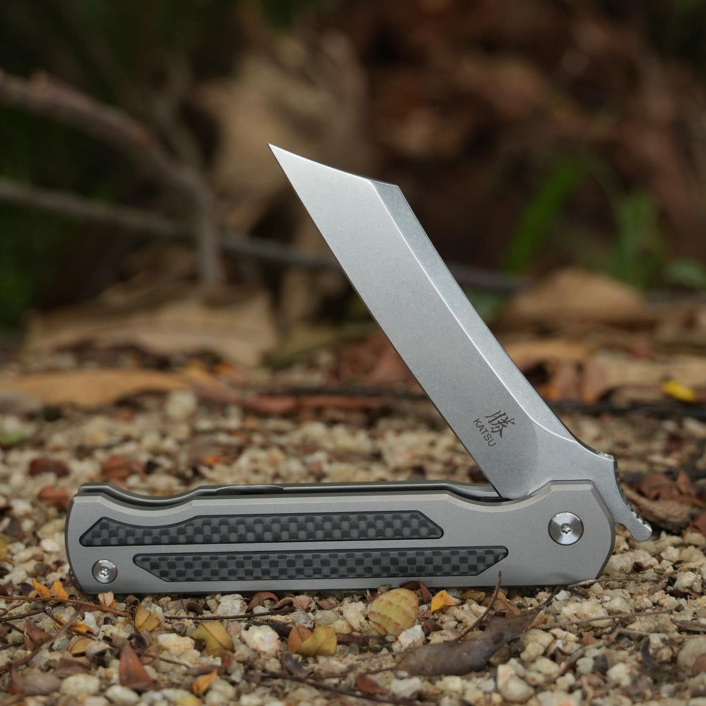 KATSU S35VN Steel Blade Folding Knife,Titanium Pocket Knife for Men Carbon Fiber Handle,Frame Lock Japanese Style Front Flipper EDC Knife with Clip Stonewash Leather Sheath