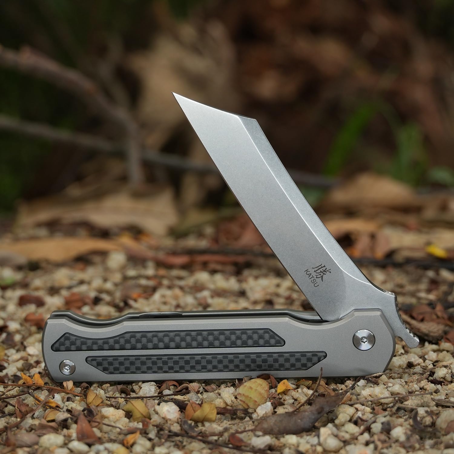 KATSU S35VN Steel Blade Folding Knife,Titanium Pocket Knife for Men Carbon Fiber Handle,Frame Lock Japanese Style Front Flipper EDC Knife with Clip Stonewash Leather Sheath
