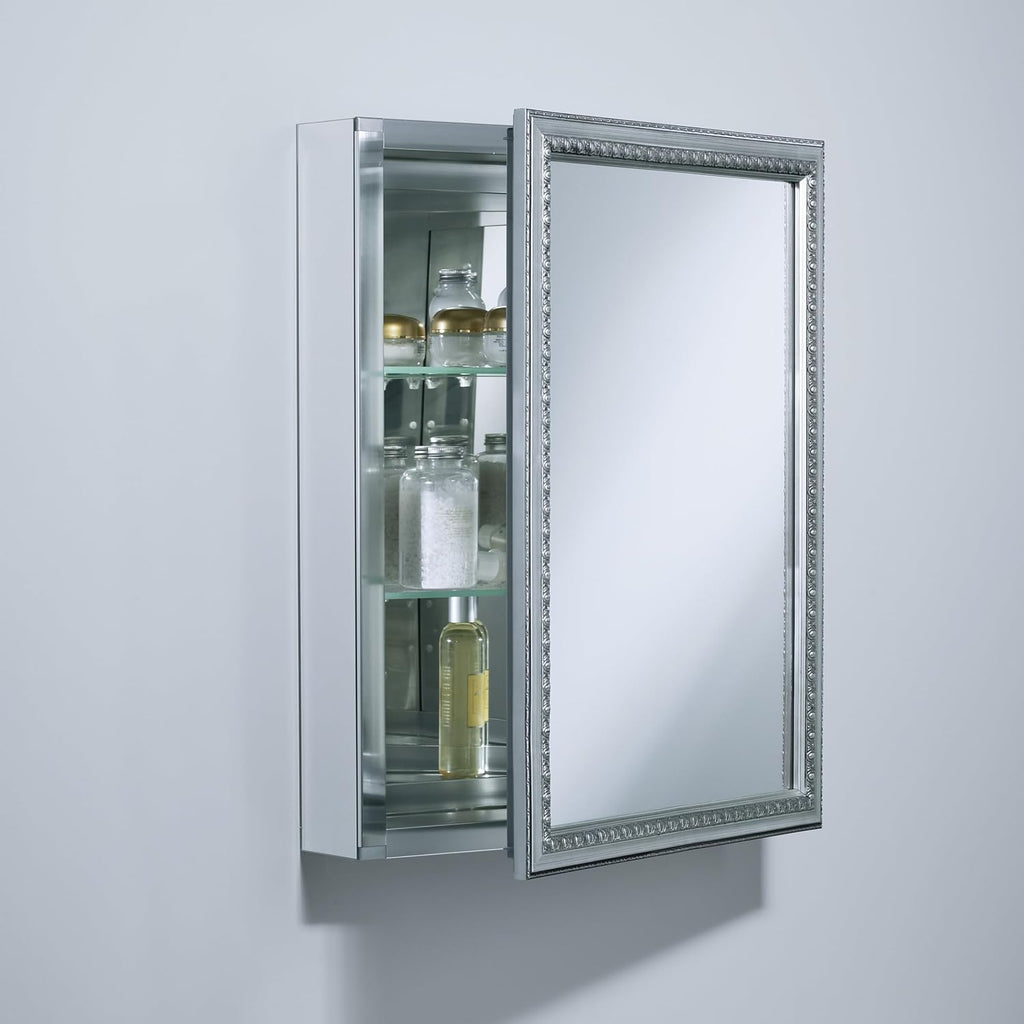 Kohler CB-CLW2026SS Aluminum Bathroom Medicine Cabinet with Mirror, Decorative Silver Framed Mirror Door, Adjustable Shelves, Rectangular Frame, 20 in. W x 26 in. H