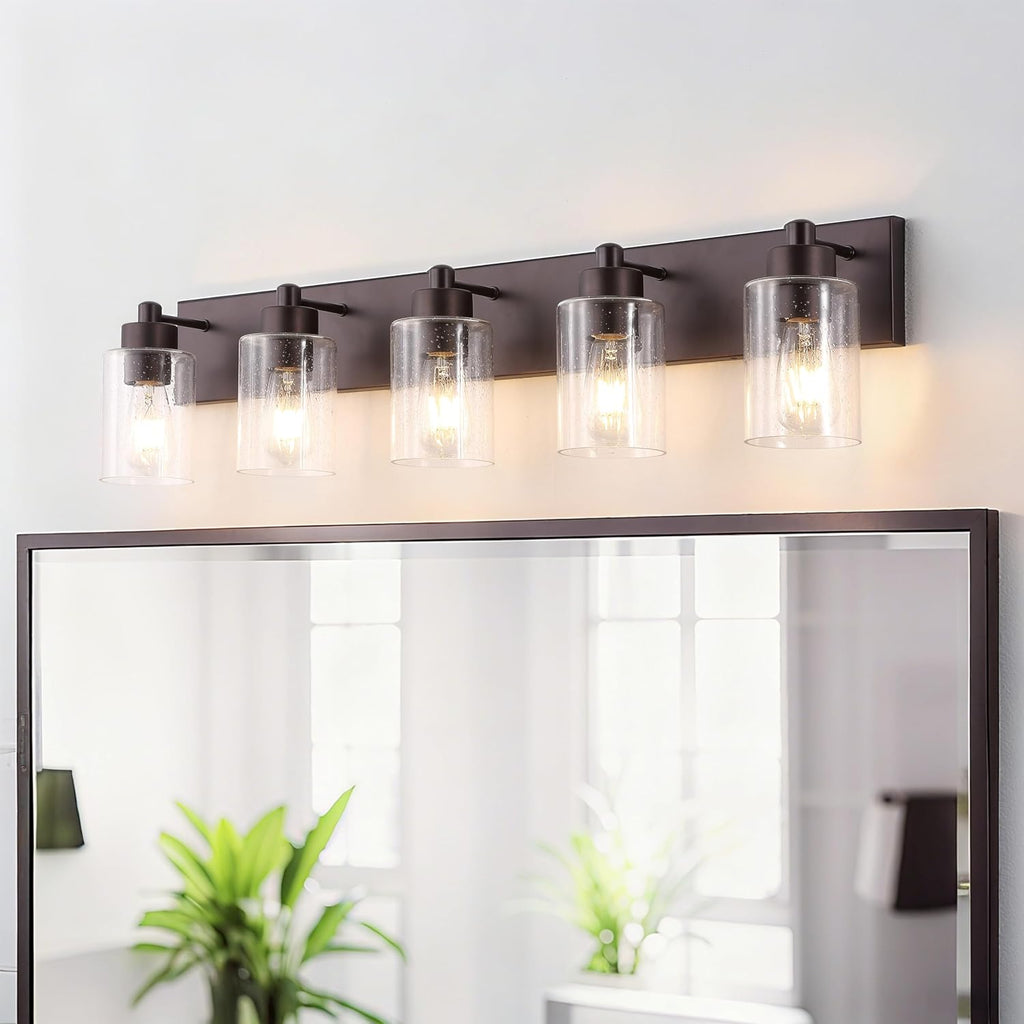 JONATHAN Y 36' Oil Rubbed Bronze/Clear 5-Light Modern LED Vanity Light for Bathroom Mirror, Mid-Century Wall Sconce with Clear Seeded Glass Shades, Contemporary Iron Fixture, LED Bulbs (JYL7620E)