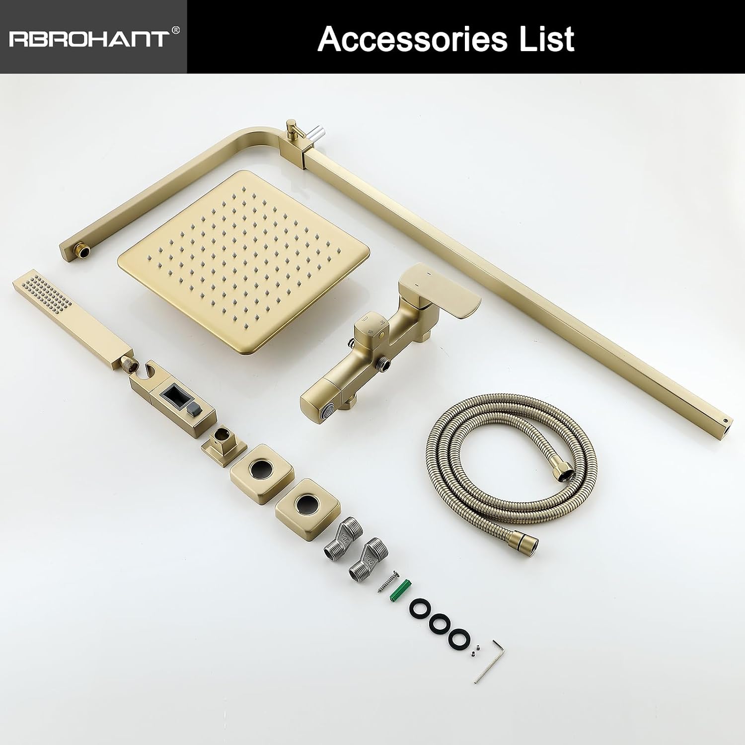 RBROHANT Brushed Gold Exposed Shower System with Tub Spout, Exposed Shower Fixtures for Bathroom with Brass 3-Functional Valve, Shower Height Adjustable, Wall Mounted