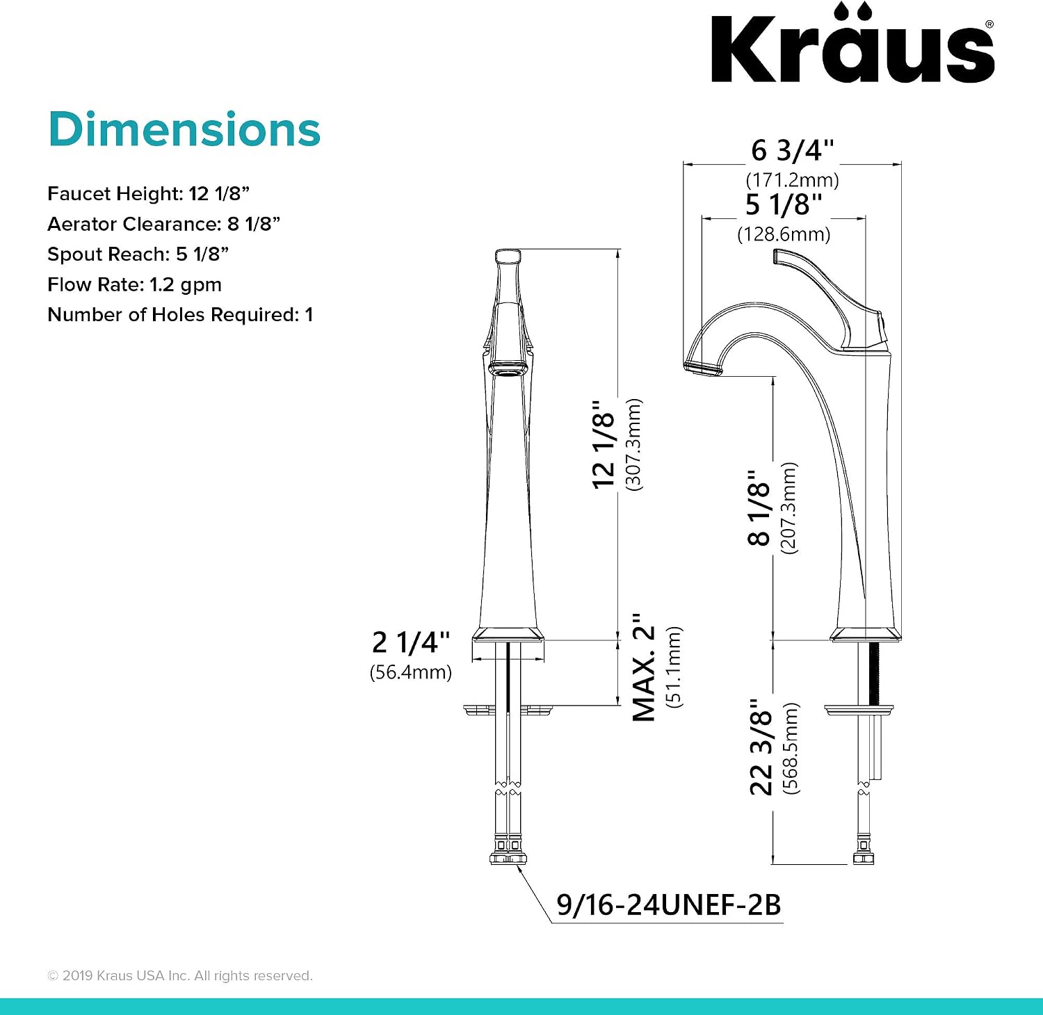 KRAUS KVF-1200BG Arlo™ Brushed Gold Tall Vessel Bathroom Faucet with Pop-Up Drain (2 Pack)