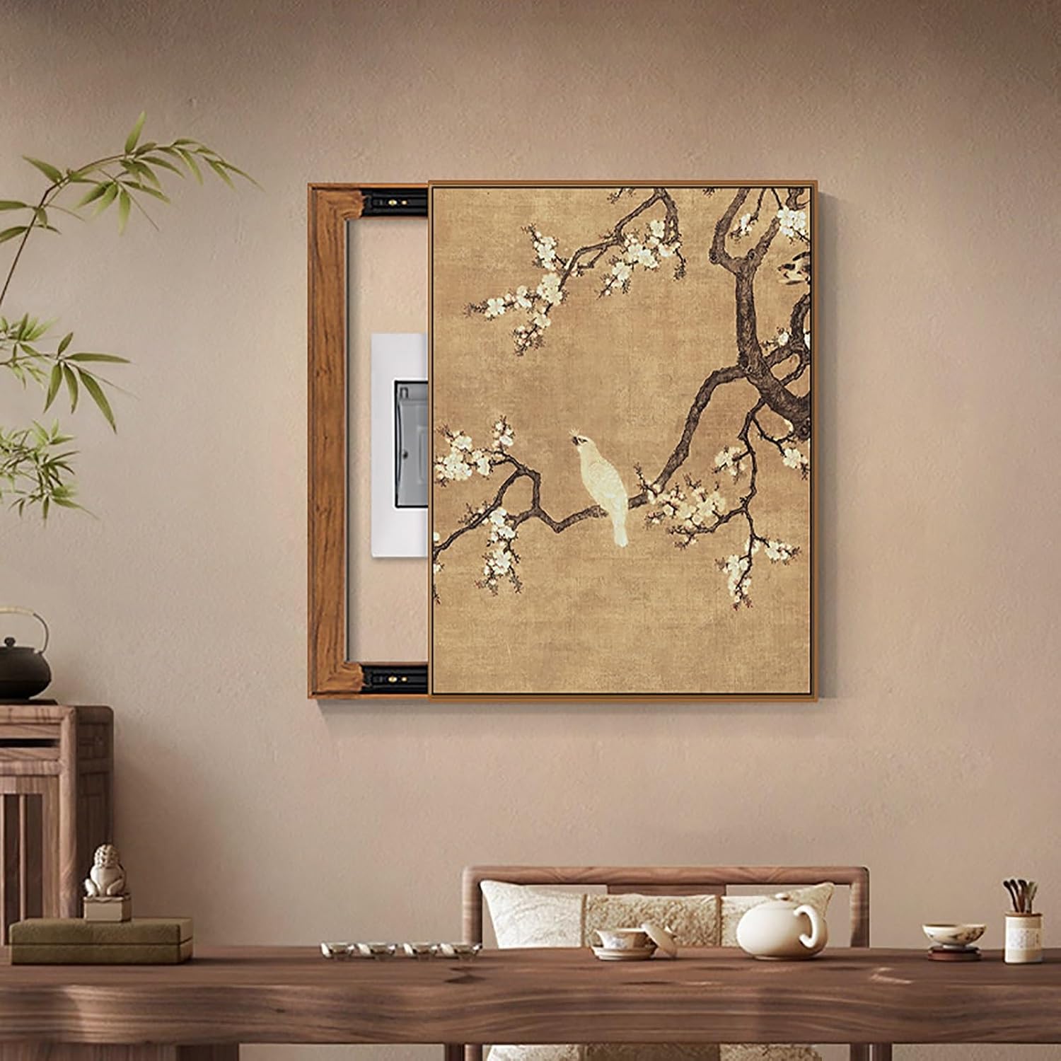 Decorative Fuse Box Cover, Wall Mounted Electrical Panel Cover, Hide Paintings Wall Art with Frame, Oriental Elegance Style, Easy Installation(Brown 12,45 * 55cm/17.7 * 21.6in)