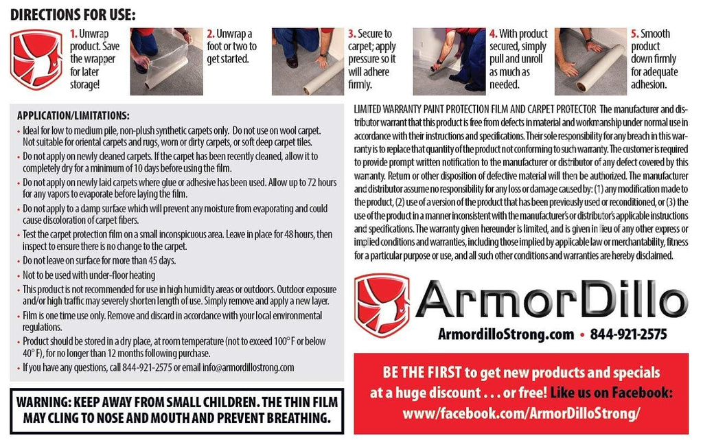 ArmorDillo 18.44 per roll 9 Rolls (case) Only Carpet Film with Easy Start, Free Utiltity Knife, Full 3 Mil - 3 Layer PEP, Bubble Adhesive, and 100% Made in USA