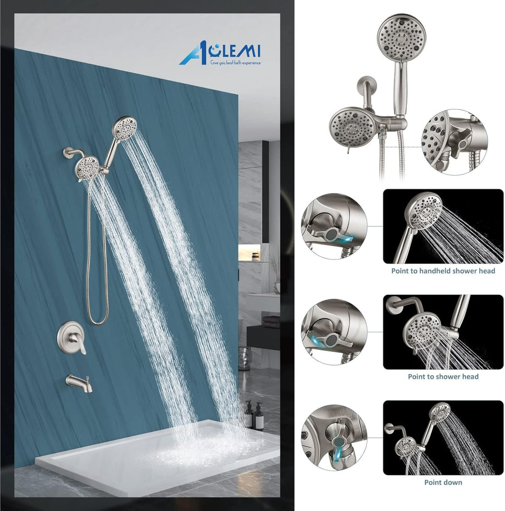 Aolemi Shower Faucet Set with Tub Spout Rain Shower Head System Shower Trim Kit Pressure Rough-in Valve Included ABS 8 Setting Dual Shower Head and Handheld Spray Brushed Nickel