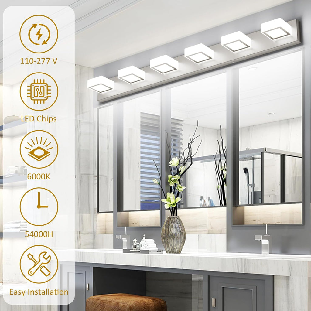Ralbay Brushed Nickel Bathroom Vanity Lights 48inch Metal Acrylic LED Modern Bathroom Wall Lighting Fixtures Over Mirror Brushed Nickel (White Light 6000K, Non-dimmable)