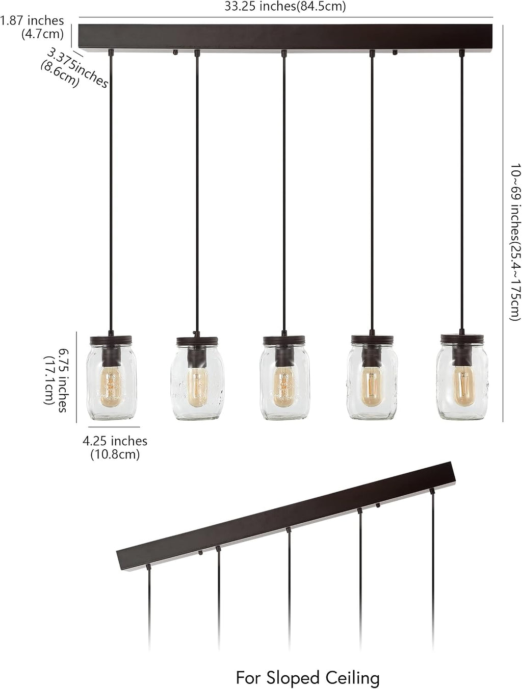 JONATHAN Y 33.25' Oil Rubbed Bronze/Clear Farmhouse Industrial Mini Pendant Lighting, Clear Glass Mason Jar Shade, Dimmable Hanging Ceiling Fixture for Kitchen Island Sink, LED Bulb Included JYL7803A