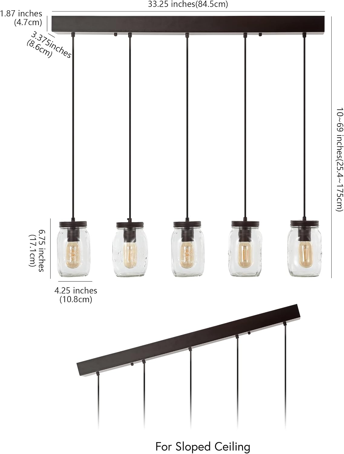 JONATHAN Y 33.25' Oil Rubbed Bronze/Clear Farmhouse Industrial Mini Pendant Lighting, Clear Glass Mason Jar Shade, Dimmable Hanging Ceiling Fixture for Kitchen Island Sink, LED Bulb Included JYL7803A