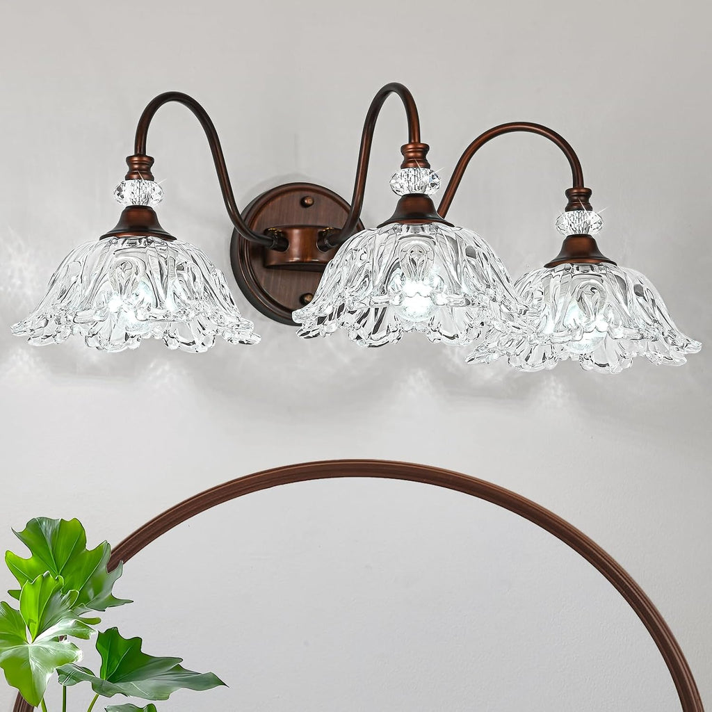 Antique Red Bronze Finish Bathroom Vanity Light, 3-Light Vintage Vanity Light with Floral Clear Glass Shades, Retro Wall Mount Lighting for Bathroom, Dressing Table