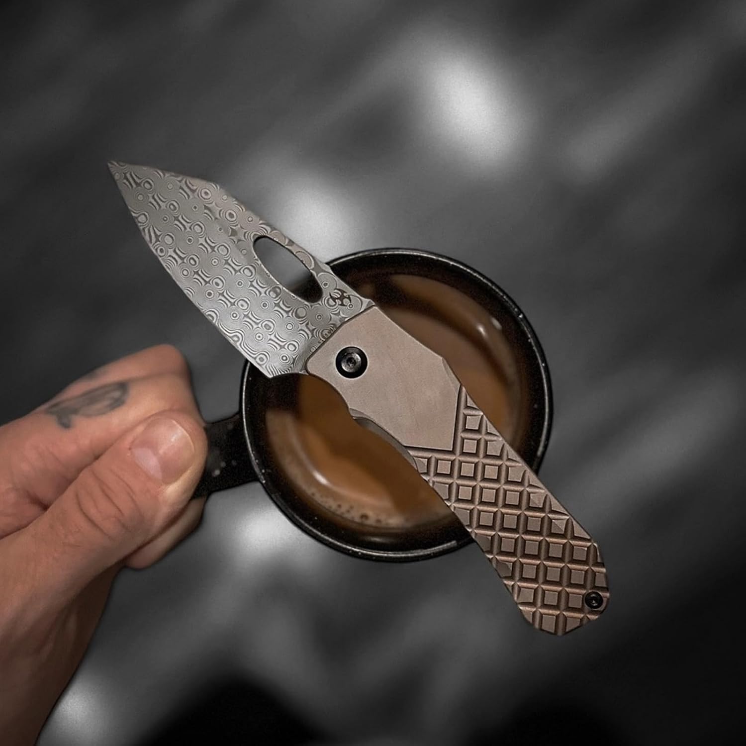 KANSEPT Loki Pocket Folding Knives for Men EDC Camping Folding Knife 2.99'' Damascus Blade Material Pocke Knife with Bronzed Anodized Titanium with Frag Pattern Handle Everyday Carry K1058B5