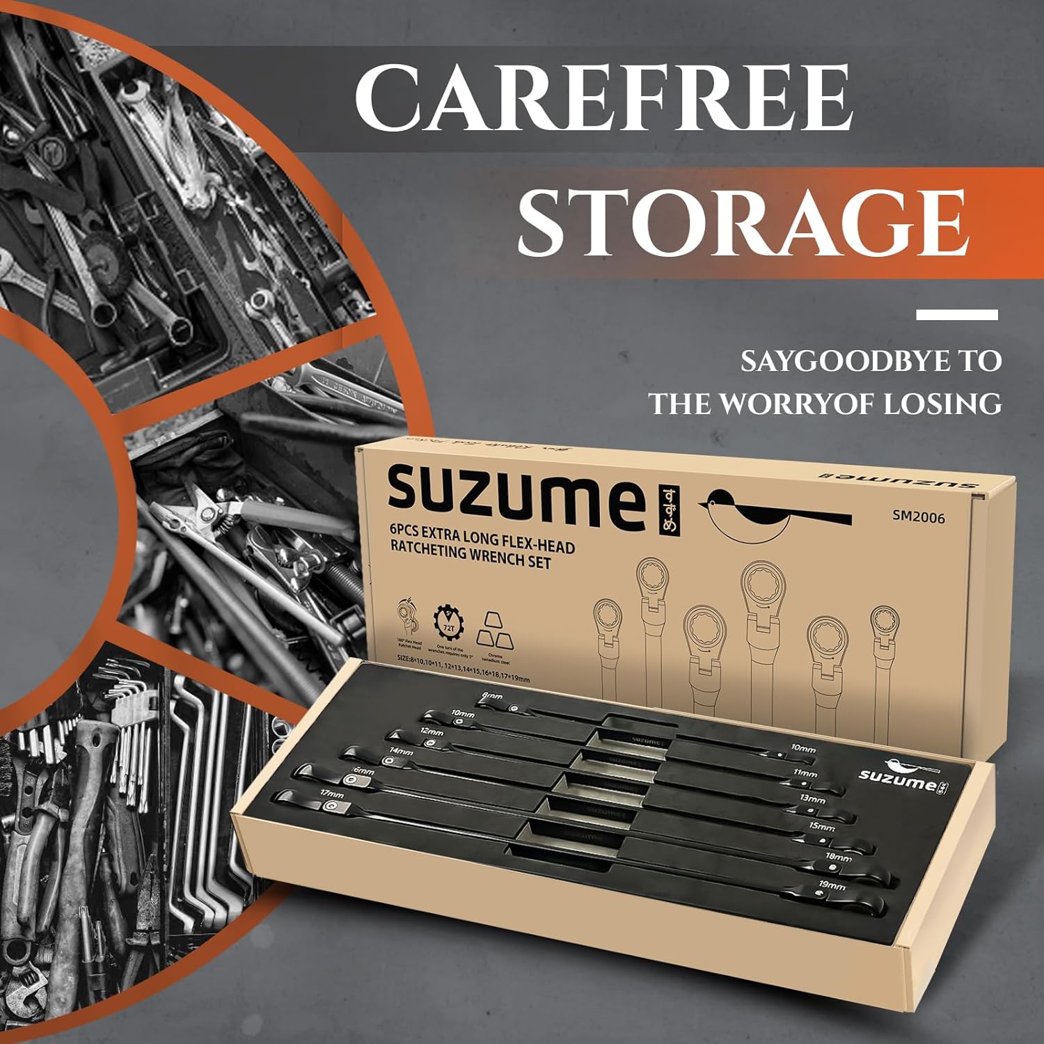 SUZUME 6PCS Extra Long Flex Head Ratcheting Wrench Set & Flex Head Stubby Ratcheting Wrench Set